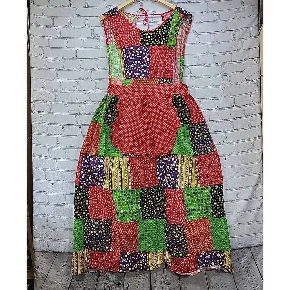 Vintage 70s Patchwork Apron Full Colorblock‎ Housedress Prairie Cottagecore Flaw